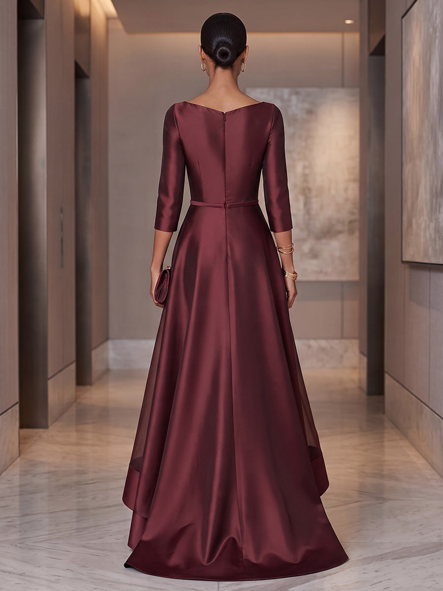 A-Line/Princess Scoop Neck Satin High-Low Formal Dresses with Ruched Waist