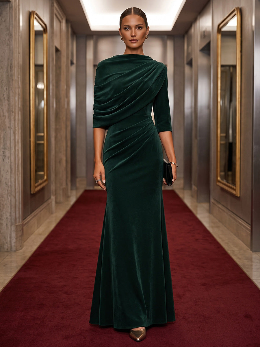 Sheath/Column Cowl Neck Velvet Maxi Formal Dresses with Ruched Waist