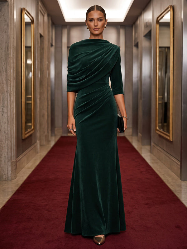 Sheath/Column Cowl Neck Velvet Maxi Formal Dresses with Ruched Waist