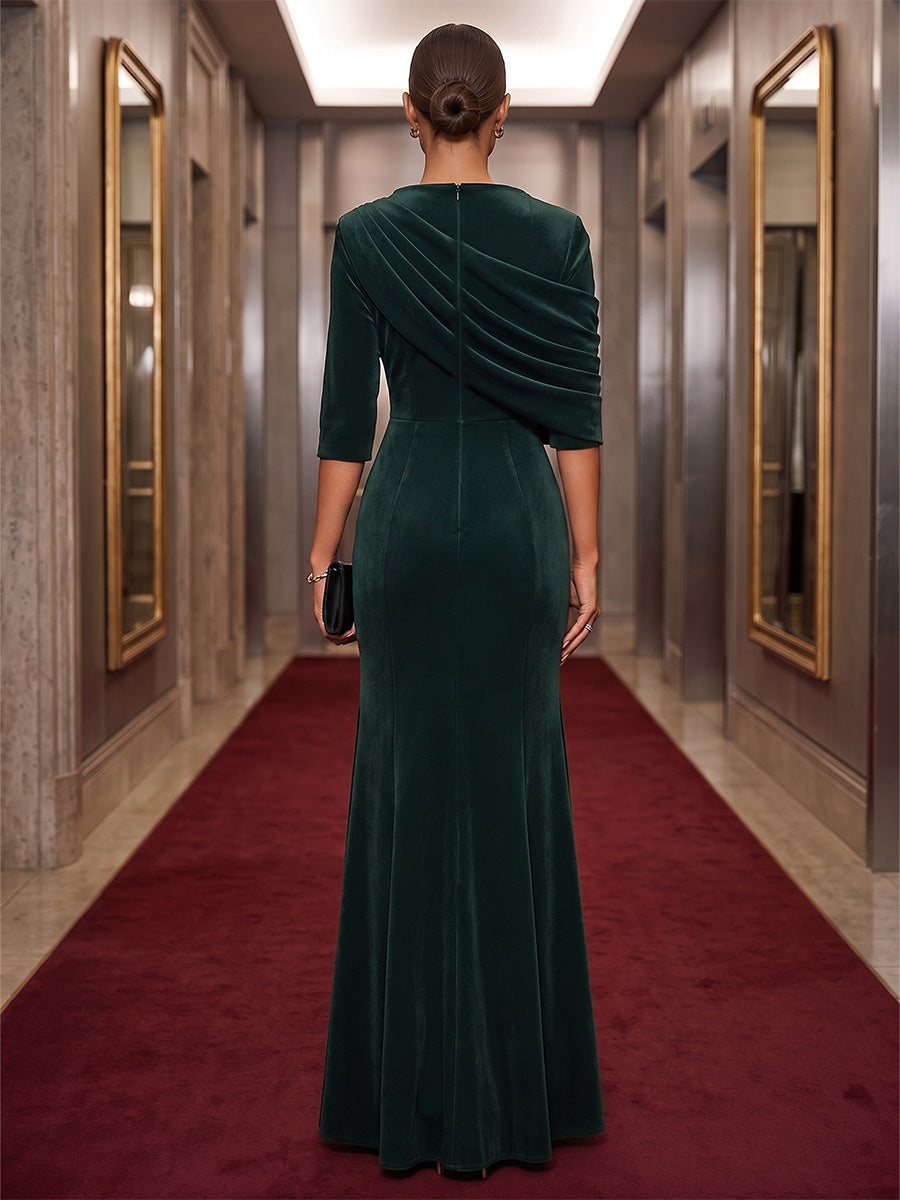 Sheath/Column Cowl Neck Velvet Maxi Formal Dresses with Ruched Waist
