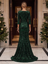 Mermaid/Trumpet V-Neck Sequin Maxi Formal Dresses with Ruched Waist & Sweep Train