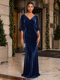 Mermaid/Trumpet V-Neck Velvet Maxi Formal Dresses with Ruched Bodice & Pearls