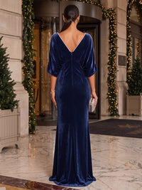 Mermaid/Trumpet V-Neck Velvet Maxi Formal Dresses with Ruched Bodice & Pearls