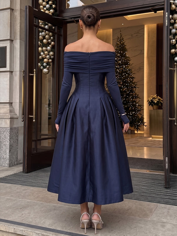 A-Line/Princess Off Shoulder Satin Tea-Length Formal Dresses with Pleats