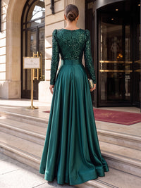 A-Line/Princess V-Neck Satin Maxi Formal Dresses with Sequin, Pleats & Slit