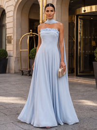A-Line/Princess Strapless Chiffon Maxi Formal Dresses with 3D Flowers & Scarf
