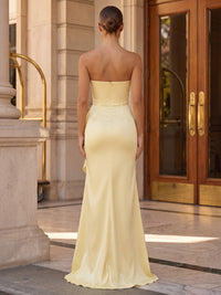 Mermaid/Trumpet Strapless Satin Maxi Formal Dresses with Ruched Waist, Ruffles & Slit