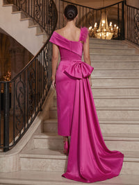 Sheath/Column Asymmetric Neck Satin Tea-Length Formal Dresses with Feather Trim, Ruched Waist, Bow & Side Sash