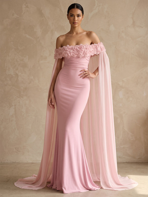 Mermaid/Trumpet Off Shoulder Stretch Jersey Maxi Formal Dresses with 3D Flowers & Sweep Train