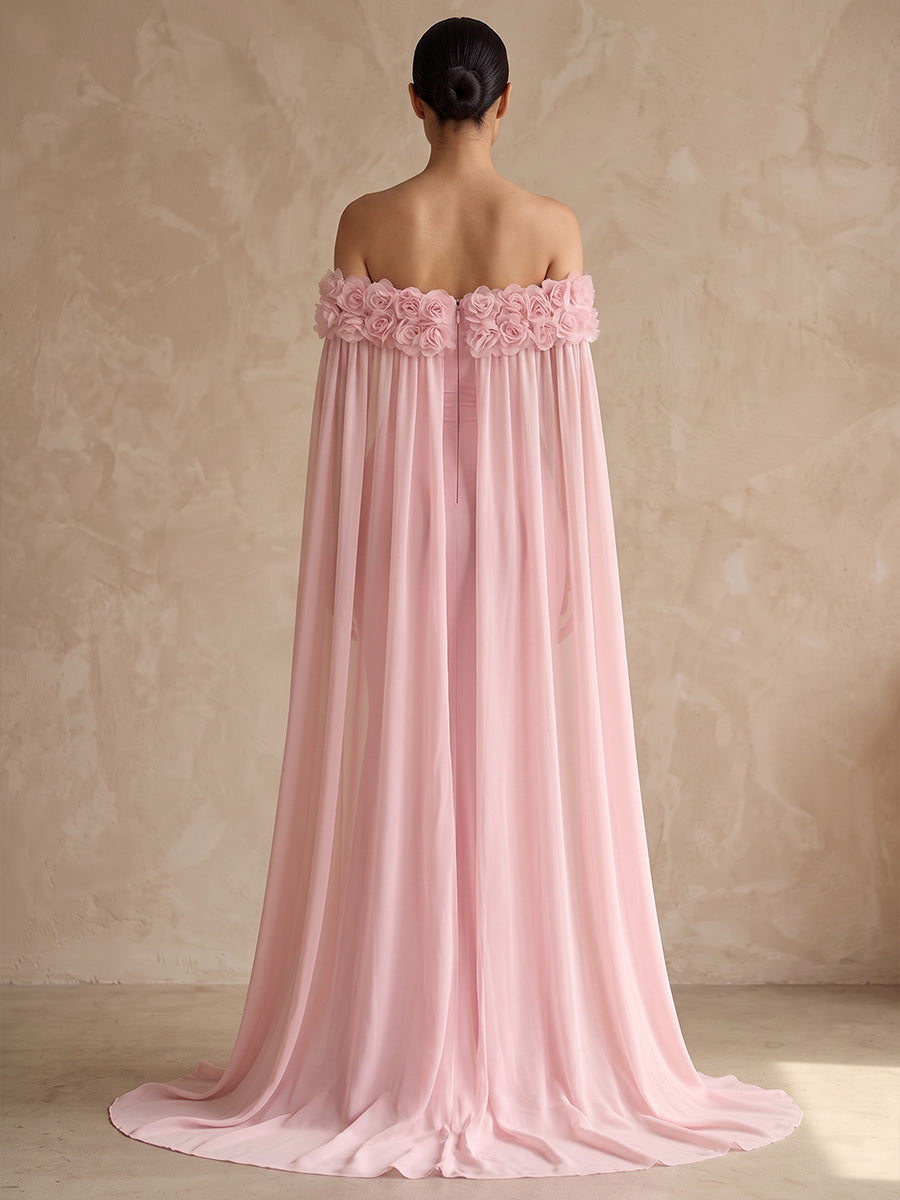 Mermaid/Trumpet Off Shoulder Stretch Jersey Maxi Formal Dresses with 3D Flowers & Sweep Train