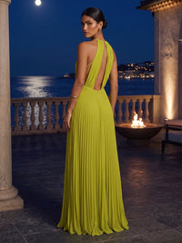 A-Line/Princess Halter Chiffon Maxi Formal Dresses with Pleats & Slit