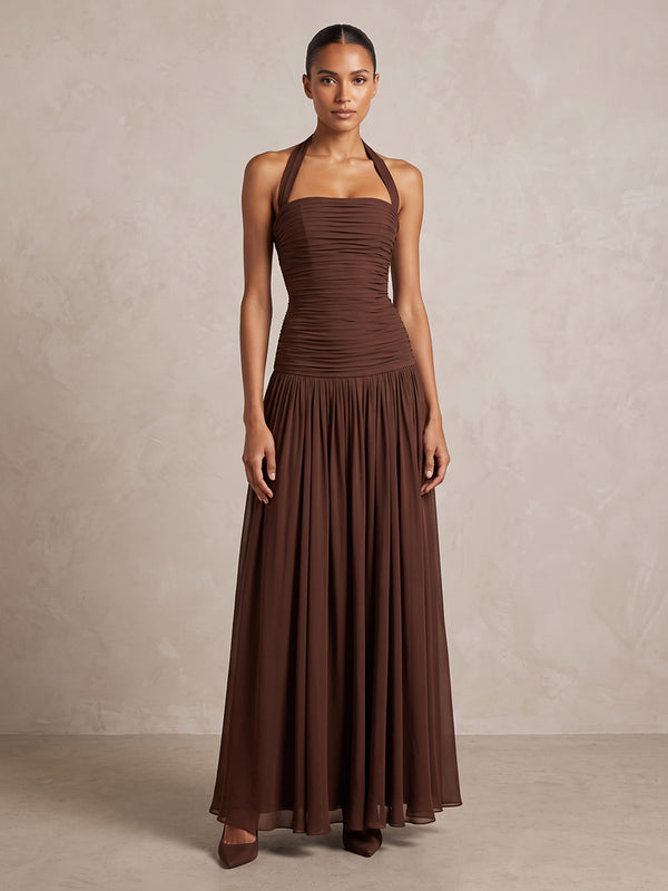 A-Line/Princess Halter Chiffon Tea-Length Formal Dresses with Pleats & Ruched Waist