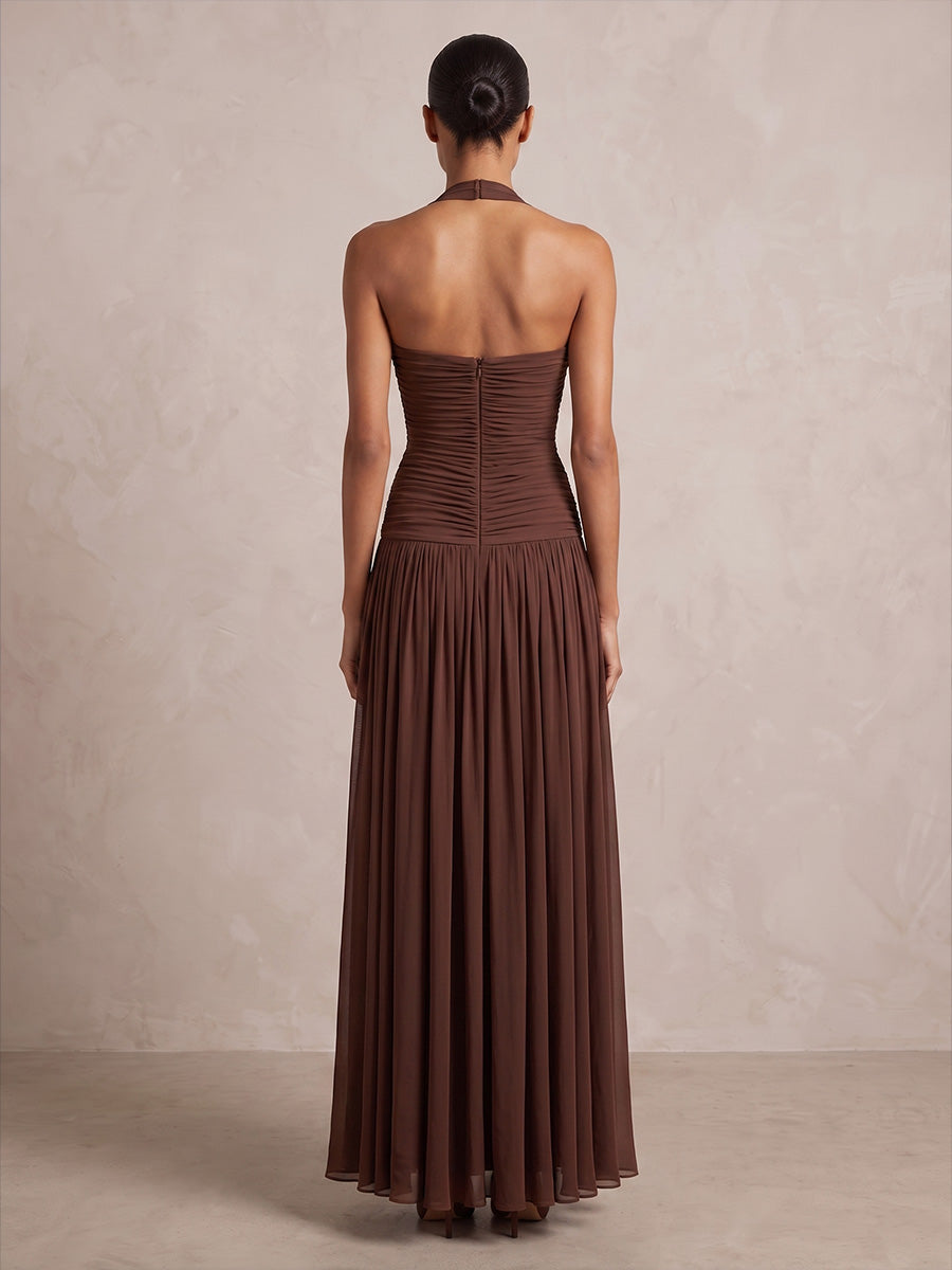 A-Line/Princess Halter Chiffon Tea-Length Formal Dresses with Pleats & Ruched Waist
