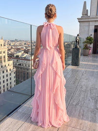 A-Line/Princess Halter Chiffon Maxi Formal Dresses with Pleats, Bow & Ruffles