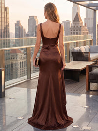 Mermaid/Trumpet Square Neck Satin Maxi Formal Dresses with Ruched Waist, Ruffles & Slit