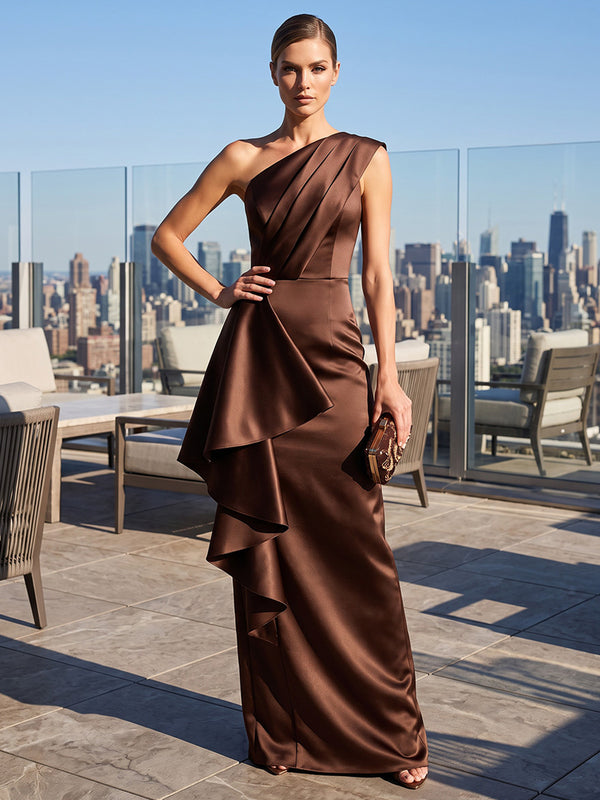 Sheath/Column One Shoulder Satin Maxi Formal Dresses with Ruched Bodice & Ruffles