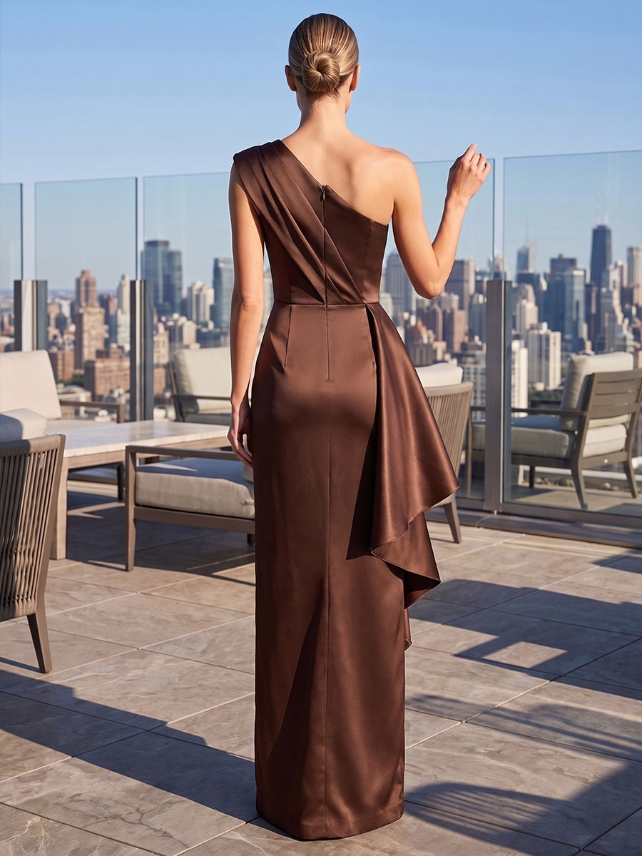 Sheath/Column One Shoulder Satin Maxi Formal Dresses with Ruched Bodice & Ruffles