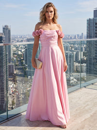 A-Line/Princess Off Shoulder Satin Maxi Formal Dresses with 3D Flowers, Ruched Bodice & Pleats