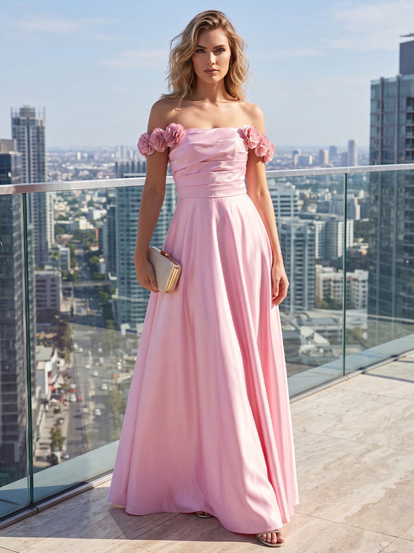 A-Line/Princess Off Shoulder Satin Maxi Formal Dresses with 3D Flowers, Ruched Bodice & Pleats