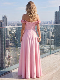 A-Line/Princess Off Shoulder Satin Maxi Formal Dresses with 3D Flowers, Ruched Bodice & Pleats
