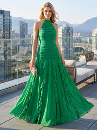 A-Line/Princess Halter Chiffon Maxi Formal Dresses with Ruffles & Ruched Waist