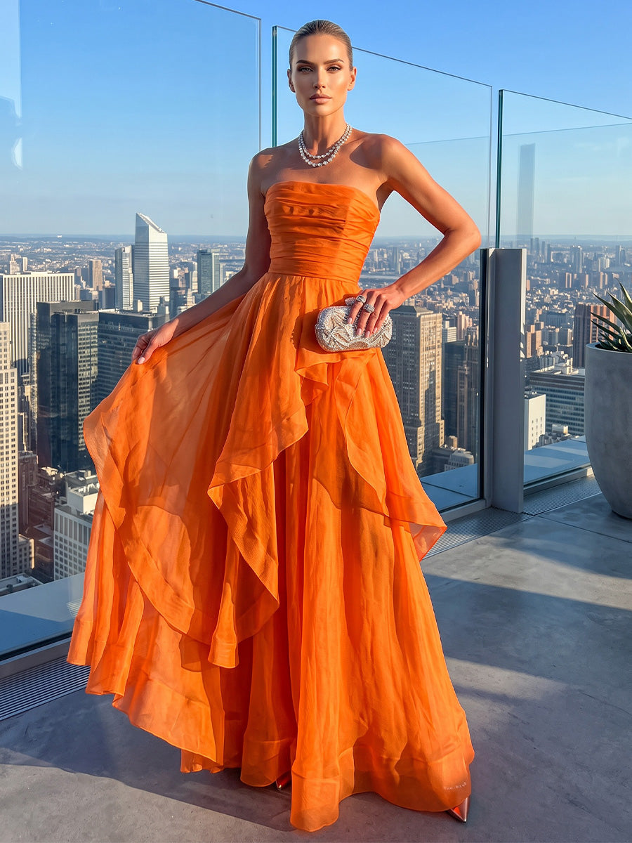 A-Line/Princess Strapless Chiffon Maxi Formal Dresses with Ruched Bodice & Ruffles