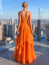 A-Line/Princess Strapless Chiffon Maxi Formal Dresses with Ruched Bodice & Ruffles