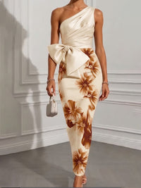 Sheath/Column One Shoulder Floral Print Tea-Length Formal Dresses with Bow & Ruched Bodice