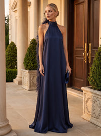 A-Line/Princess Halter Satin Maxi Formal Dresses with Feather Trim