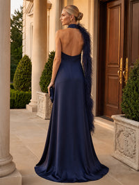 A-Line/Princess Halter Satin Maxi Formal Dresses with Feather Trim