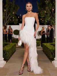 Mermaid/Trumpet Strapless Stretch Jersey Short Formal Dresses with Feather Trim
