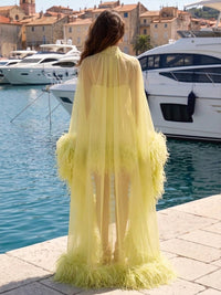 A-Line/Princess High Neck Chiffon Short Formal Dresses with Feather Trim