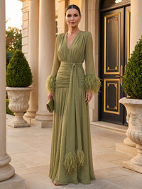 A-Line/Princess V-Neck Chiffon Maxi Formal Dresses with Feather Trim & Pleats