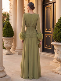 A-Line/Princess V-Neck Chiffon Maxi Formal Dresses with Feather Trim & Pleats