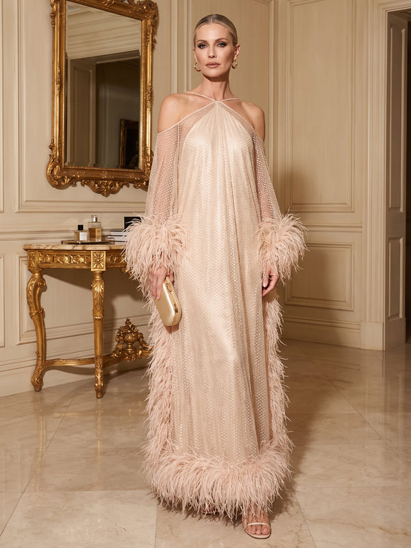 A-Line/Princess Halter Tulle Maxi Formal Dresses with Feather Trim