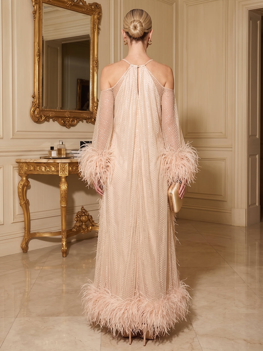A-Line/Princess Halter Tulle Maxi Formal Dresses with Feather Trim