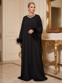 A-Line/Princess Scoop Neck Chiffon Maxi Formal Dresses with Fluffy Feather Trim Cuffs