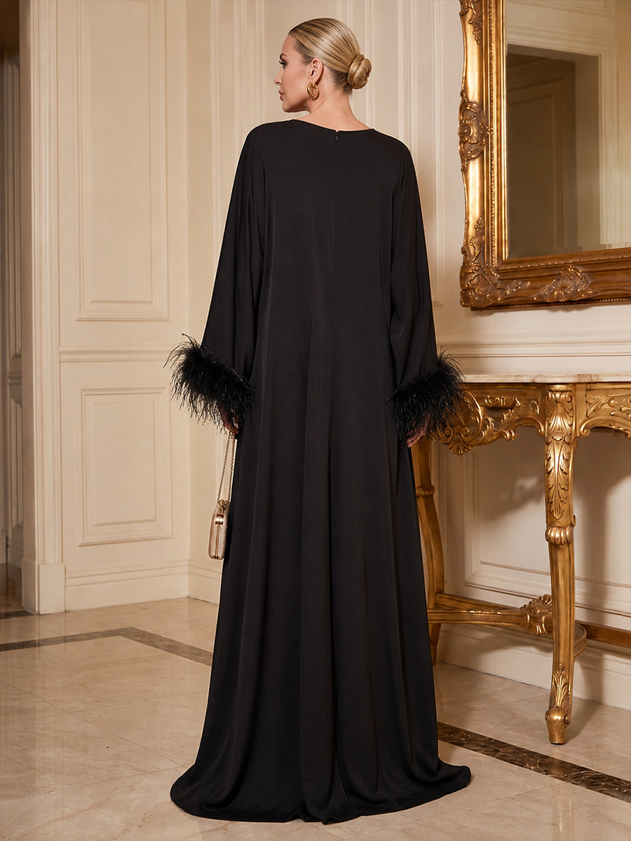 A-Line/Princess Scoop Neck Chiffon Maxi Formal Dresses with Fluffy Feather Trim Cuffs