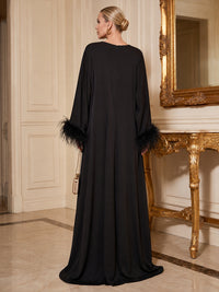 A-Line/Princess Scoop Neck Chiffon Maxi Formal Dresses with Fluffy Feather Trim Cuffs
