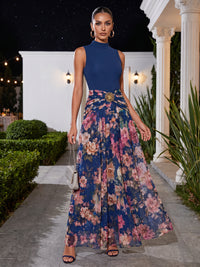 A-Line/Princess High Neck Floral Print Maxi Formal Dresses with Ruched Waist