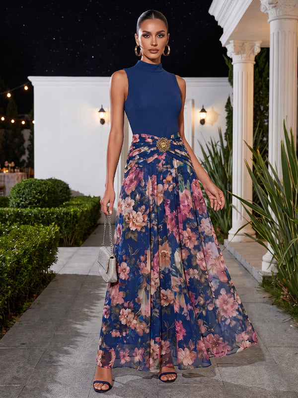 A-Line/Princess High Neck Floral Print Maxi Formal Dresses with Ruched Waist