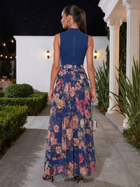 A-Line/Princess High Neck Floral Print Maxi Formal Dresses with Ruched Waist