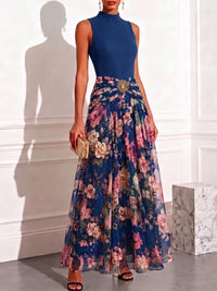 A-Line/Princess High Neck Floral Print Maxi Formal Dresses with Ruched Waist