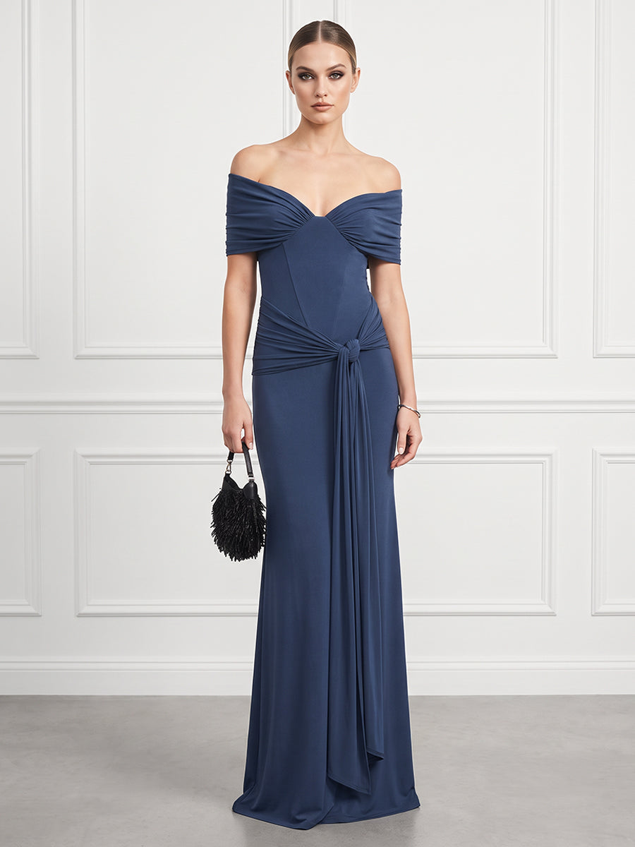 Sheath/Column Off Shoulder Chiffon Floor-Length Formal Dresses with Ruched Waist