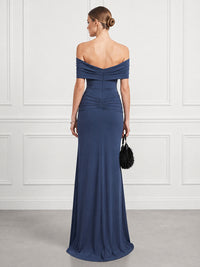 Sheath/Column Off Shoulder Chiffon Floor-Length Formal Dresses with Ruched Waist