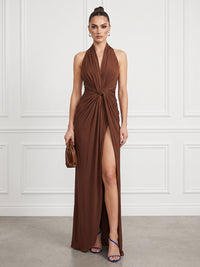 Sheath/Column Halter Chiffon Floor-Length Formal Dresses with Ruched Waist & Slit