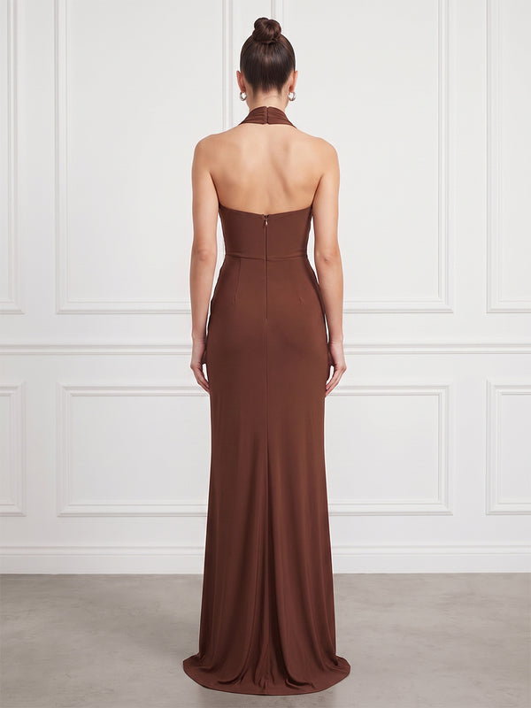 Sheath/Column Halter Chiffon Floor-Length Formal Dresses with Ruched Waist & Slit