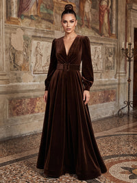 A-Line/Princess V-Neck Velvet Floor-Length Formal Dresses with Pleats & Belt