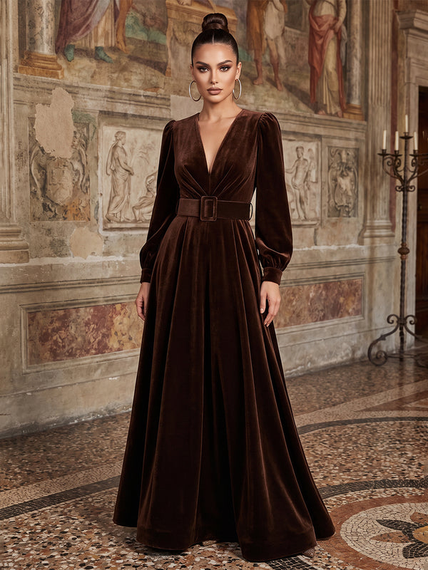 A-Line/Princess V-Neck Velvet Floor-Length Formal Dresses with Pleats & Belt