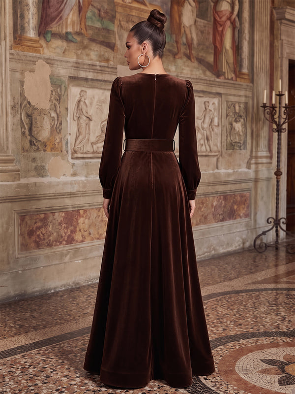 A-Line/Princess V-Neck Velvet Floor-Length Formal Dresses with Pleats & Belt